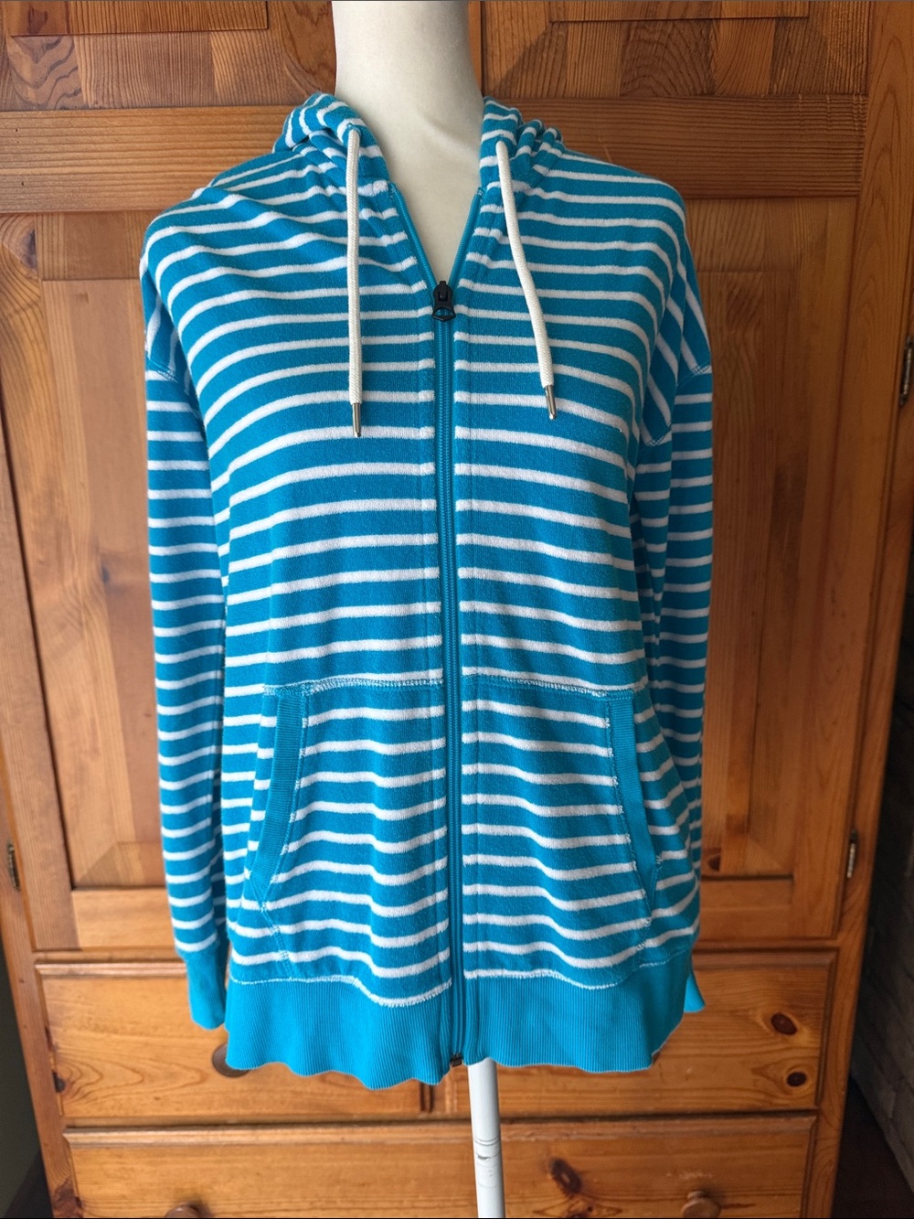 Lands End Striped Teal & White Zip-Up Hoodie Jacket